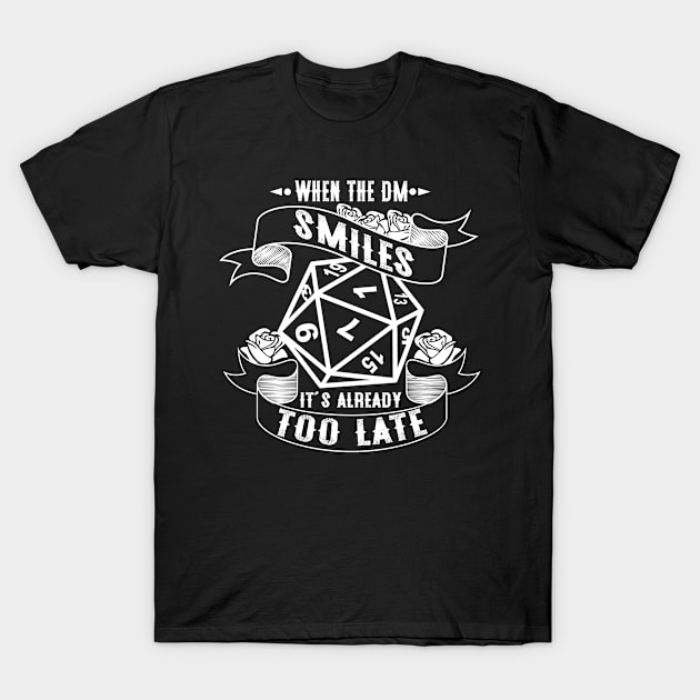 Retro DM Smiles Tabletop Gaming Gift Dragons D20 Dice Set Print T-Shirt by Linco